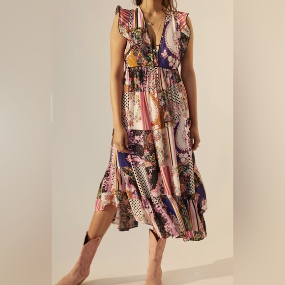 Anthropologie Ruffled Patchwork Midi Dress Size 10 - Picture 1 of 5